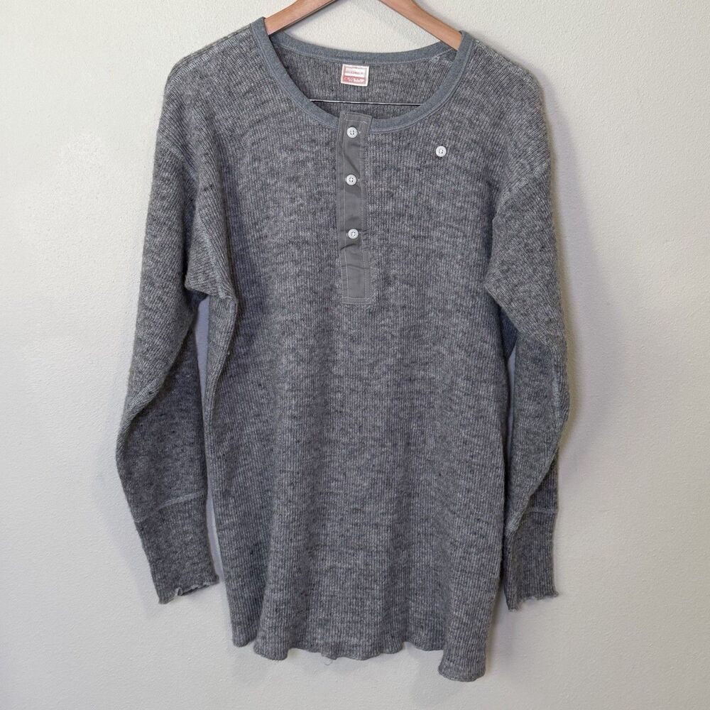 Vtg Stanfields Heavy Wool Henley Thermal Undershirt Mens XL Grey Made In Canada